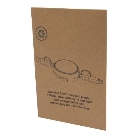 Chechia 100cm 5-in-1 Kabel aus recyceltem Kunststoff, einziehbar, für Datenübertragung und 45W Schnellladung mit Bambusdetails Standard | transparent | ohne Werbeanbringung | Nicht verfügbar | Nicht verfügbar