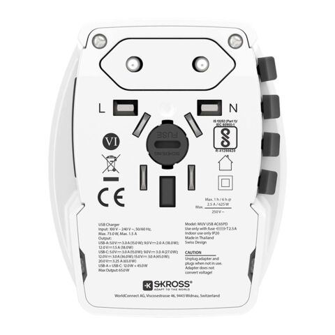 SKROSS® MUV AC65PD Reiseadapter mit USB-C Kabel  weiss