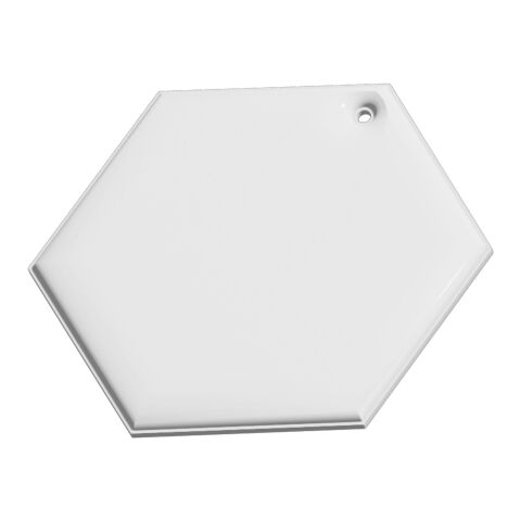 RFX™ sechseckiger reflektierender PVC-Aufhänger weiß | 1-farbiger Siebdruck | Vorderseite | 56 mm x 48 mm