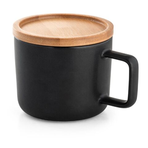 FANGIO. Tasse aus Keramik 220ml mit Deckel aus Bambus, der als Untersetzer dient Schwarz | ohne Werbeanbringung | Nicht verfügbar | Nicht verfügbar | Nicht verfügbar