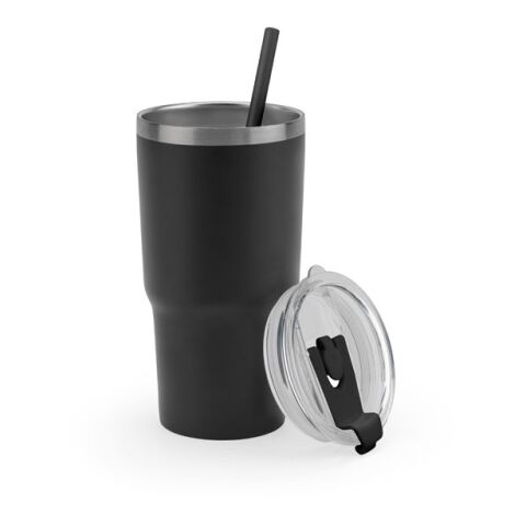 JOYNER M. Kompakter Reisebecher aus Edelstahl (91 % recycelt) mit vakuumisolierter Doppelwand und matter Oberfläche 600 ml Schwarz | ohne Werbeanbringung | Nicht verfügbar | Nicht verfügbar | Nicht verfügbar