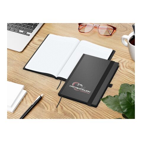 Notizbuch Hardcover Black-Book Ausstattung schwarz Schwarz | DIN A5 | ohne Werbeanbringung | Winkelkaro | Siebdruck-Digital inkl.
