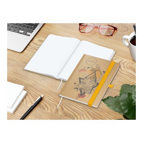 Notizbuch Match-Book Naturpapier-Hardcover individuell bedruckt Gelb | DIN A5 | ohne Werbeanbringung | Braun | Hochweiß/Punktraster