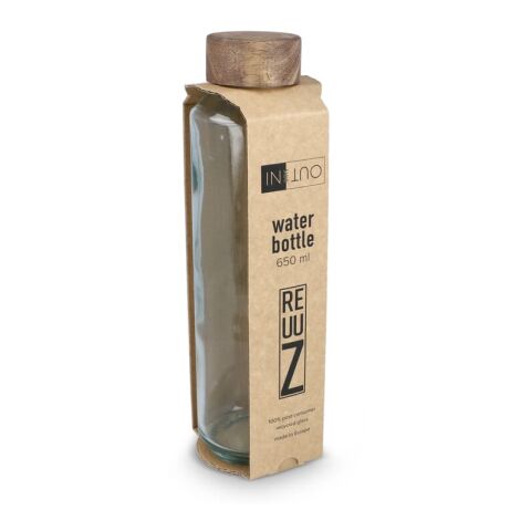 InSideOut Recycelte Glaswasserflasche ReuuZ mit Holzverschluss 650 ml Transparent | Gravur | Kappe | Ø 45 mm