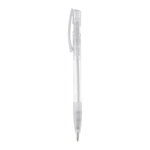 Kugelschreiber Nash Transparent mit Gummigriff Weiss-Weiss | 1-farbiger Siebdruck | 90° vom Clip | 33 mm x 25 mm | Nicht verfügbar