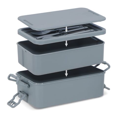 Doppelte Lunchbox mit Besteck Grau | ohne Werbeanbringung | Nicht verfügbar | Nicht verfügbar