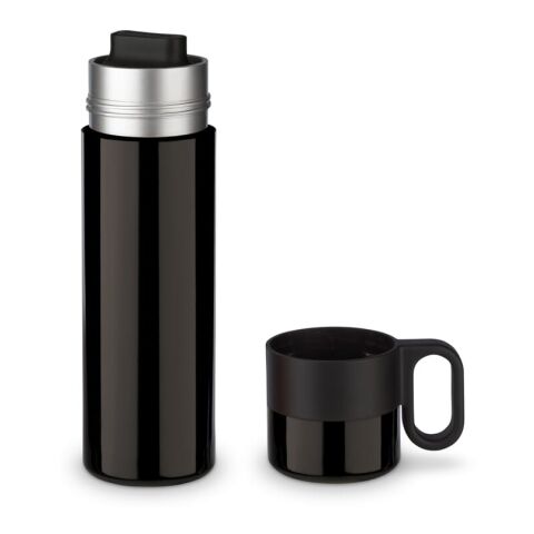 Isolierflasche mit Becher 500ml schwarz | 1-farbiger UV-Druck | gegenüber vom Henkel | 60 mm x 50 mm | Nicht verfügbar