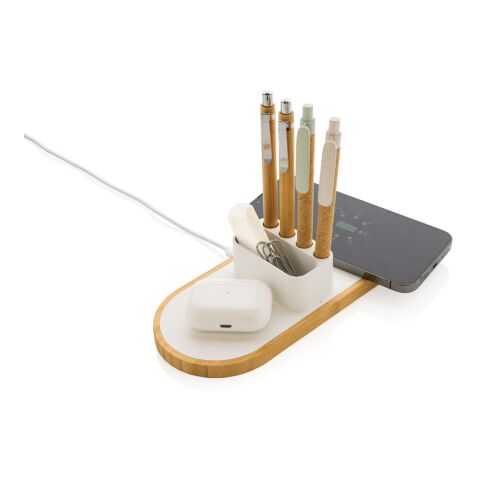 Ontario 10W Dual Charger aus FSC® Bambus &amp; RCS Recycled Plastik weiß | ohne Werbeanbringung | Nicht verfügbar | Nicht verfügbar