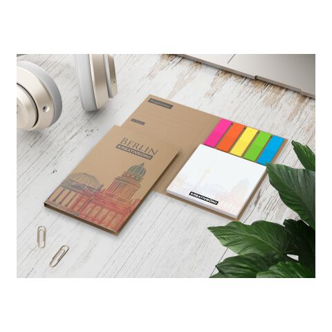 Haftnotiz-Set Berlin Zettel quadratisch Karton-Umschlag mit Buchöffnung 79 × 128 mm | ohne Werbeanbringung | ohne Werbeanbringung | ohne Werbeanbringung | transparente, farbige Folie | Naturkarton braun