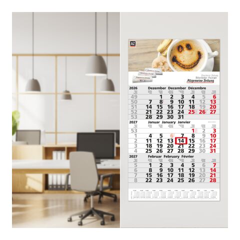 3-Monatskalender Einblatt Primus 3 Post A EXPRESS mit Jahresübersicht Hellgrau | 300 × 530 mm | ohne Werbeanbringung