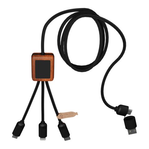 SCX.design C38 5-in-1 Ladekabel aus rPET in quadratischem Bambusgehäuse mit Leuchtlogo Standard | rot-holz | ohne Werbeanbringung | Nicht verfügbar | Nicht verfügbar
