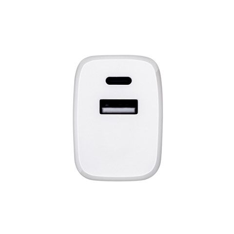 WEGENER. Ladegerät mit USB-A Anschluss 18W und USB-C 20W in Recyceltes ABS (100% rABS) Weiß | ohne Werbeanbringung