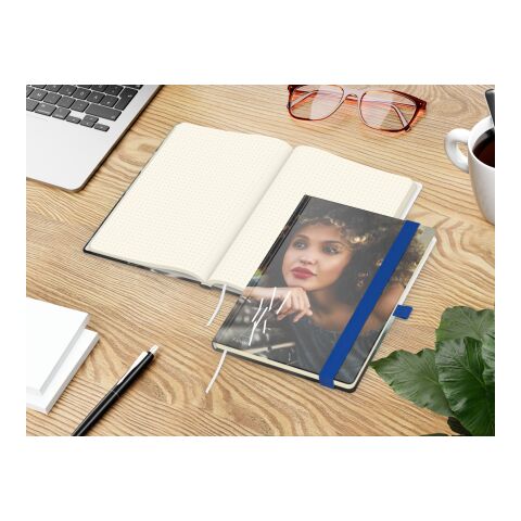 Notizbuch Match-Book Papier-Hardcover individuell bedruckt Mittelblau | DIN A5 | ohne Werbeanbringung | glänzend | Cremefarben/Punktraster