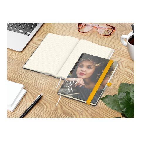 Notizbuch Match-Book Papier-Hardcover individuell bedruckt Gelb | DIN A5 | ohne Werbeanbringung | matt | Cremefarben/Punktraster