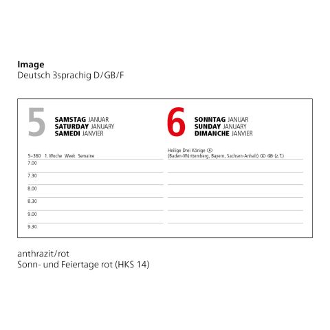 Tageskalender Image Mo.–Fr. je 1 Seite 352 Seiten Kunstleder-Hardcover marineblau | Silberprägung inkl.
