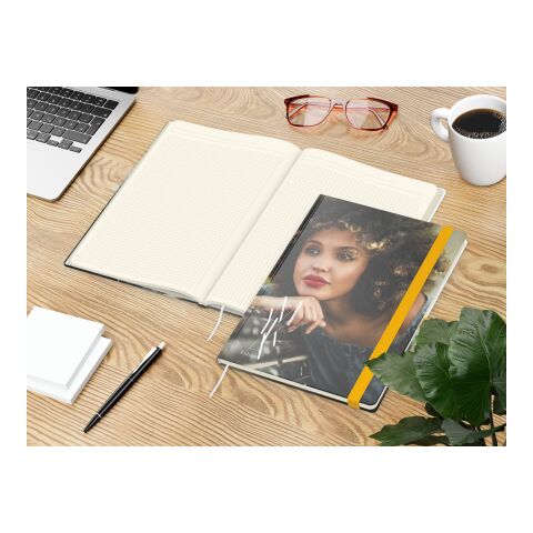 Notizbuch Match-Book Papier-Hardcover individuell bedruckt Gelb | DIN A4 | ohne Werbeanbringung | glänzend | Cremefarben/Winkelkaro