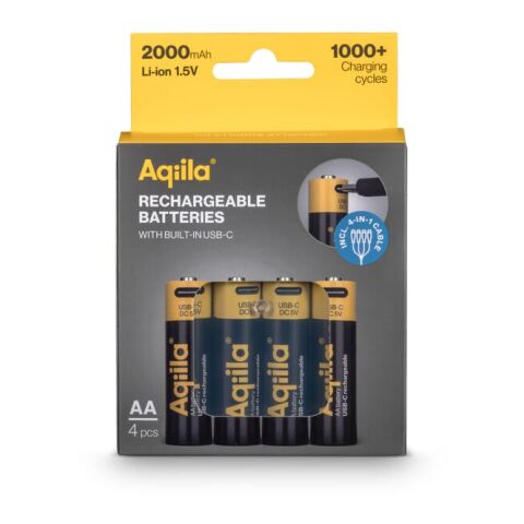 Aqiila wiederaufladbare USB-C-Batterien AA 2000 mAh, 4er-Pack Schwarz