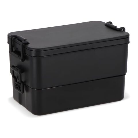 Doppelte Lunchbox mit Besteck Schwarz | 1-farbiger Tampondruck | Deckel | 50 mm x 50 mm