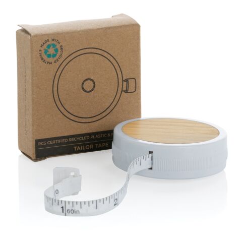 Schneidermaßband aus RCS recyceltem Kunststoff und Bambus weiß-braun | ohne Werbeanbringung | Nicht verfügbar | Nicht verfügbar