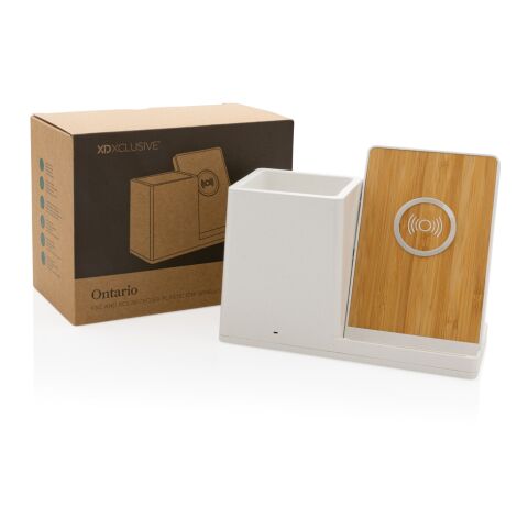 Ontario 10W Wireless Charger aus Bambus und RCS Kunststoff weiß | ohne Werbeanbringung | Nicht verfügbar | Nicht verfügbar