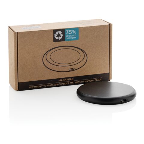Magnapad magnetisches 3-in-1 15W Ladepad aus RCS rPlastik schwarz | ohne Werbeanbringung | Nicht verfügbar | Nicht verfügbar