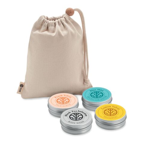 Veganes Reise-Körperpflege-Set &quot;Elegance&quot; im Baumwollbeutel holzfarben | ohne Werbeanbringung | Nicht verfügbar | Nicht verfügbar | Nicht verfügbar