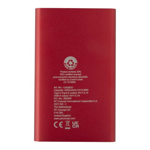 Pep 4000 mAh Type-C Powerbank aus recyceltem Aluminium Standard | rot | ohne Werbeanbringung | Nicht verfügbar | Nicht verfügbar