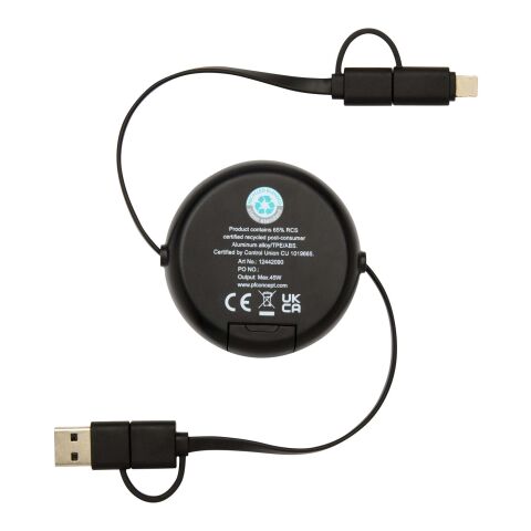 Alasia 100 cm 5-in-1 Kabel aus recyceltem Kunststoff und Aluminium, einziehbar, für Datenübertragung und mit 45W Schnellladung Standard | schwarz | ohne Werbeanbringung | Nicht verfügbar | Nicht verfügbar
