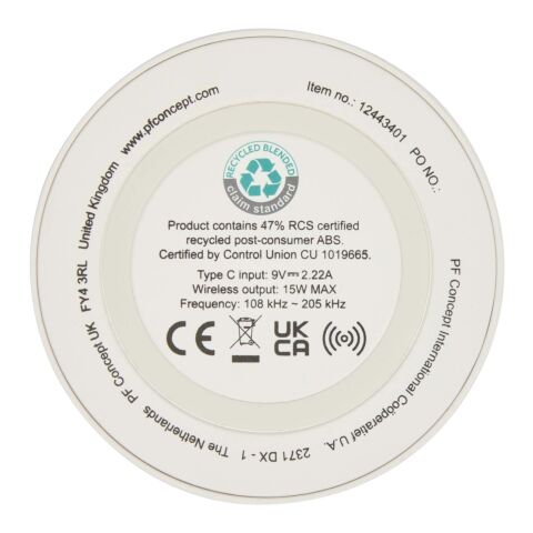 Freal 15W Kabelloses Ladepad aus recyceltem Kunststoff Standard | weiß | ohne Werbeanbringung | Nicht verfügbar | Nicht verfügbar