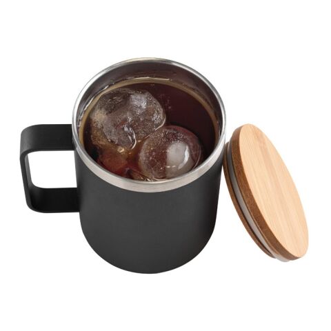 LAUDA. Becher aus 90% recyceltem Edelstahl mit Bambusdeckel 420 mL Schwarz | ohne Werbeanbringung
