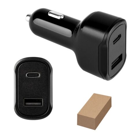 DIRAC. KFZ-Ladegerät mit USB-A Anschluss 18W und USB-C 20W in 100% rABS Schwarz | ohne Werbeanbringung