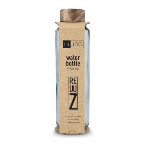InSideOut Recycelte Glaswasserflasche ReuuZ mit Holzverschluss 650 ml Transparent | Gravur | Kappe | Ø 45 mm