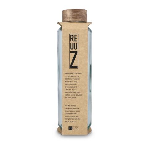 InSideOut Recycelte Glaswasserflasche ReuuZ mit Holzverschluss 650 ml Transparent | Gravur | Kappe | Ø 45 mm