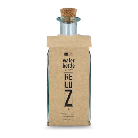 InSideOut Square Recycelte Glaswasserflasche ReuuZ mit Korkverschluss 1 l Transparent | ohne Werbeanbringung | Nicht verfügbar | Nicht verfügbar