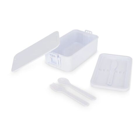 Doppelte Lunchbox mit Besteck Weiss | 1-farbiger Tampondruck | Deckel | 50 mm x 50 mm