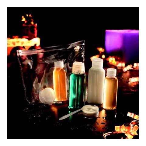 Kosmetiktasche mit Kunststoff-Flaschen transparent | ohne Werbeanbringung | Nicht verfügbar | Nicht verfügbar