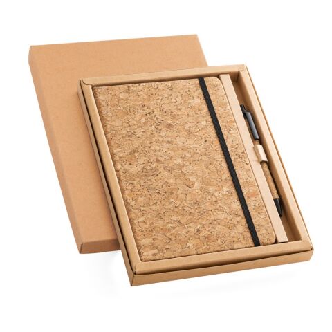 FREUD. A5 Notizblock und Kugelschreiberset aus Kork Beige | Blau | ohne Werbeanbringung | Liniert | A5