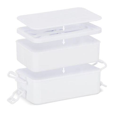 Doppelte Lunchbox mit Besteck Weiss | 1-farbiger Tampondruck | Deckel | 50 mm x 50 mm